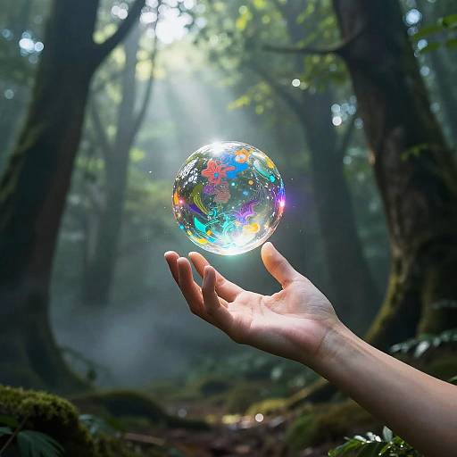 Photograph of a hand in a misty forest, delicately holding a glowing, rainbow-colored glass orb with light refractions.