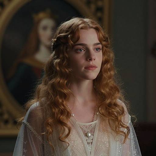 Photograph of a young woman with curly red hair, wearing a white, lace-trimmed dress, with a blurred portrait in the background.