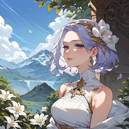Anime Style Woman with Purple Hair in Mountain Landscape
