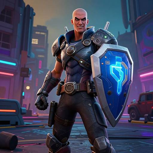 Digital artwork of a bald, muscular man in futuristic black armor, holding a glowing blue shield, standing confidently in a neon-lit, cyberpunk city