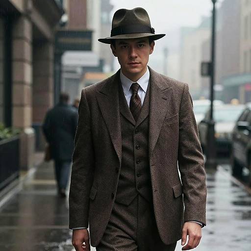 Photograph of a serious, handsome man in a brown three-piece suit, black fedora, and tie, walking on a rainy city street.