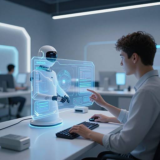 Photograph of a modern tech lab: a curly-haired man in a white shirt interacts with a glowing blue holographic robot on a white desk.