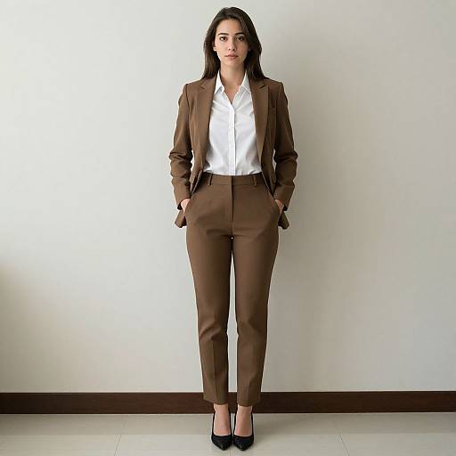 Photograph of a young woman with long dark hair, wearing a brown suit, white shirt, black belt, and black heels, standing against a plain