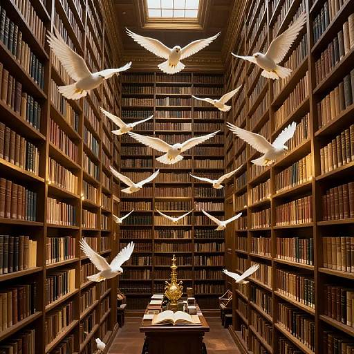 Photograph of a dimly lit library with wooden shelves filled with books, white doves flying overhead, and a desk with a golden decoration at the