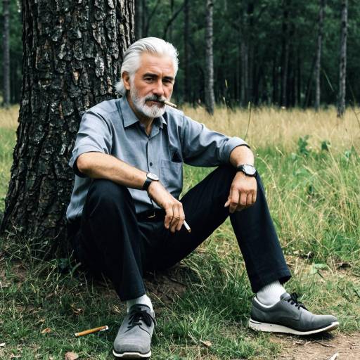 Elderly Man Sitting by Tree Smoking Cigarette