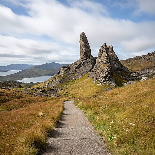 Photograph of a rugged mountain path leading to towering, jagged rock formations under a bright, partly cloudy sky, with grassy hills and a distant