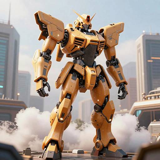 Futuristic Mecha in Glowing Cityscape