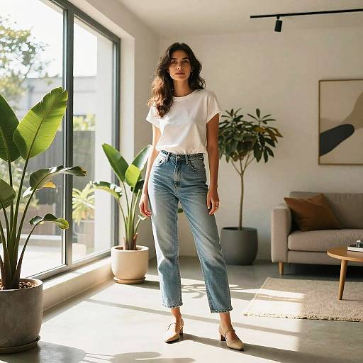 Photograph of a young woman with wavy brown hair, wearing a white t-shirt and high-waisted blue jeans, standing in a sunlit