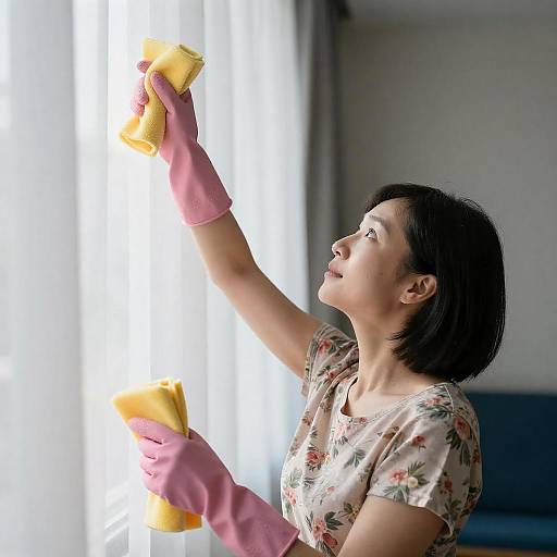 Sunlit Cleaning Scene with Asian Woman