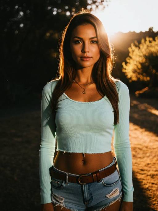 Woman in Light Mint Green Crop Top and Distressed Denim Shorts