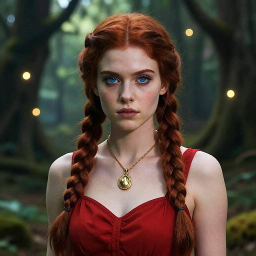 Photorealistic CGI of a fair-skinned, red-haired woman with blue eyes, wearing a red dress and gold necklace, standing in a mystical forest