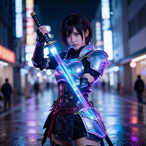 Digital art: Dark-haired woman with glowing armor and neon sword in a neon-lit, rainy city street, holding sword, intense expression.