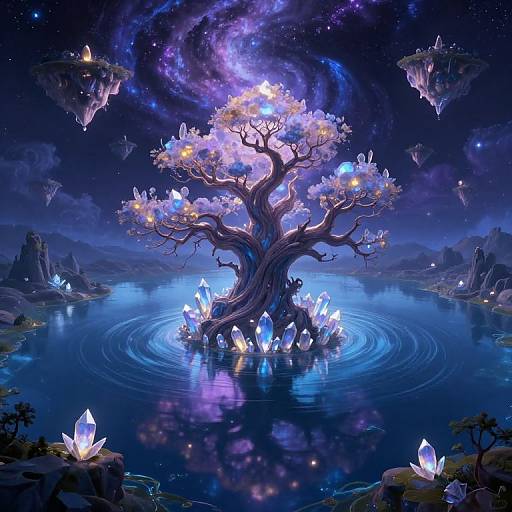 Fantasy digital art: glowing crystal tree in a starry night, surrounded by floating islands and blue crystal formations, reflected in a tranquil lake.
