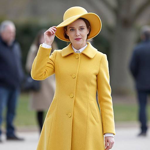 Photograph of a fair-skinned woman with red hair in a bright yellow coat and hat, standing outdoors, adjusting her hat. Blurred background with