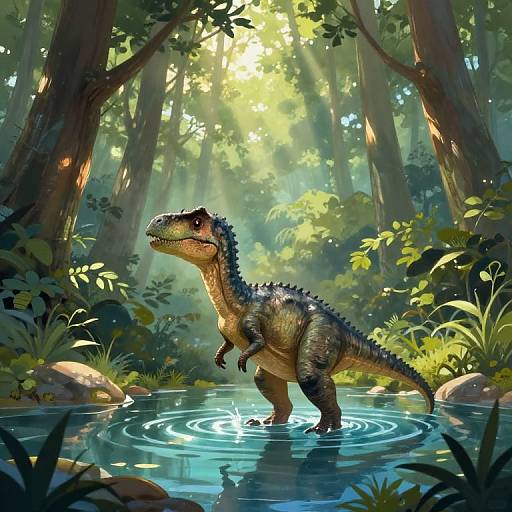 Dinosaur Hatchling Bathing in Forest