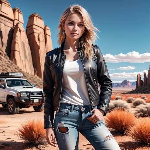 Blonde Woman in Leather Jacket with Off-Road Vehicle in Desert