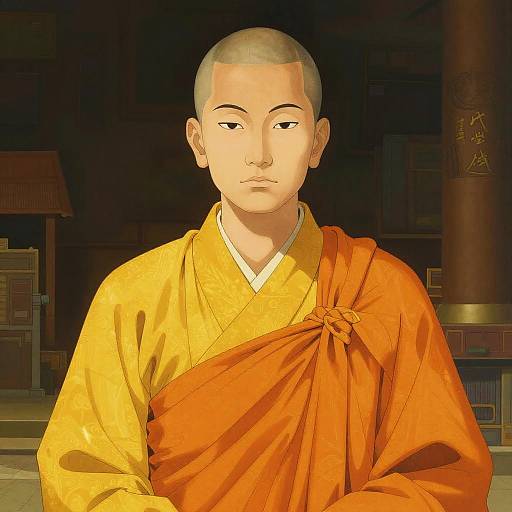 Digital illustration of a calm, young Buddhist monk with shaved head, wearing yellow and orange robes, standing in a dimly lit temple.