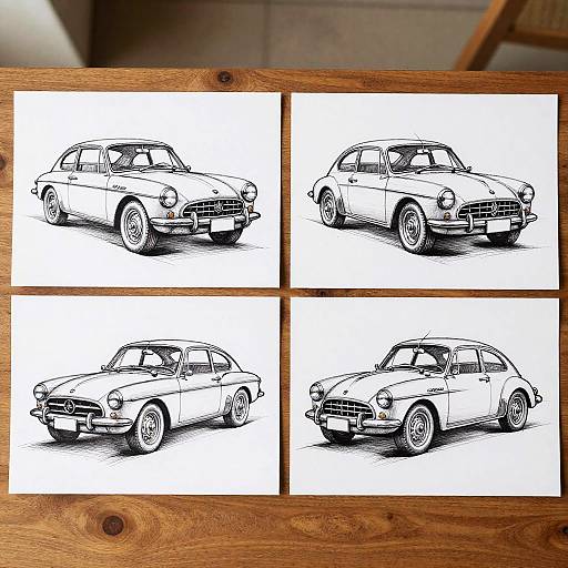 Vintage Car Sketches in Grid