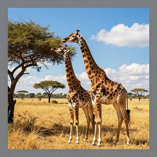 Photograph of two giraffes standing in a sunlit savanna, nibbling on a tree's leaves under a bright blue sky with scattered clouds