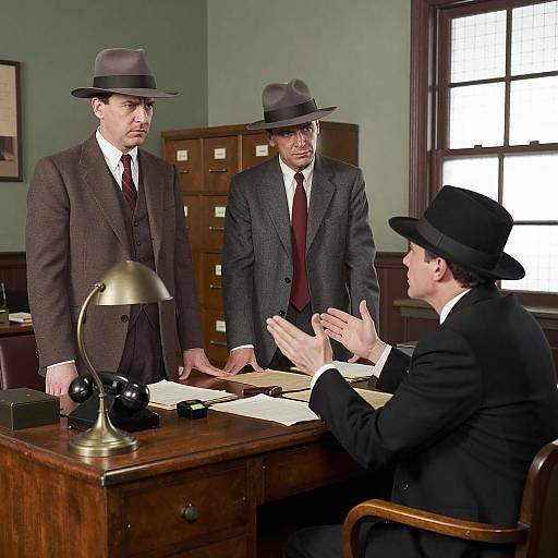 Three Men in 1930s Office Discussion