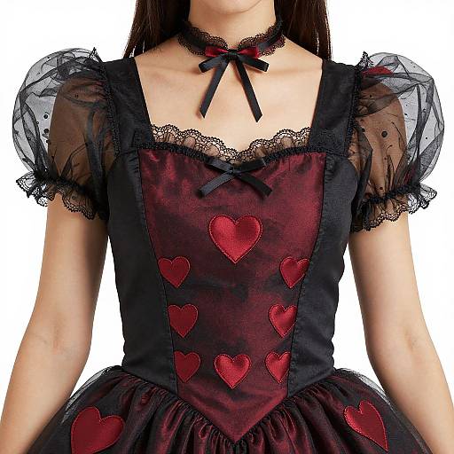 Photograph of a young woman in a black lace and red heart-embellished gothic-style dress with sheer puffed sleeves and black ribbon ch