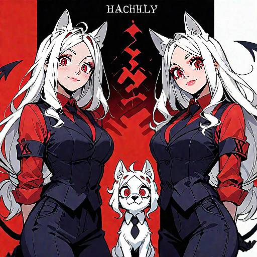 Digital anime-style illustration of two white-haired, cat-eared women in red and black outfits, standing side by side with a small white dog between them