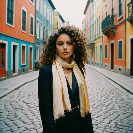 Elegant Woman on Colorful Cobblestone Street