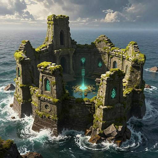 Digital art of a moss-covered, stone island temple with glowing blue runes, surrounded by turbulent ocean waves under a cloudy sky.