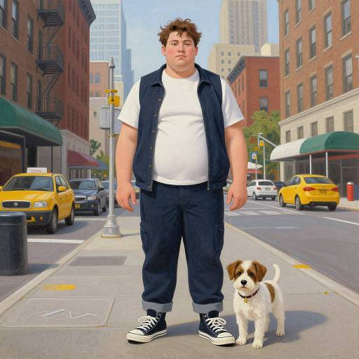 Digital illustration of a chubby man with messy brown hair, white t-shirt, black vest, and pants, standing on a city street with a small white