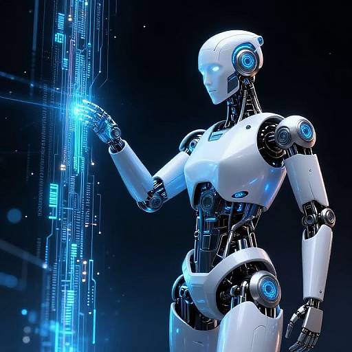 Photorealistic CGI of a futuristic, white and black humanoid robot with glowing blue eyes and joints, interacting with a blue-lit, vertical digital interface