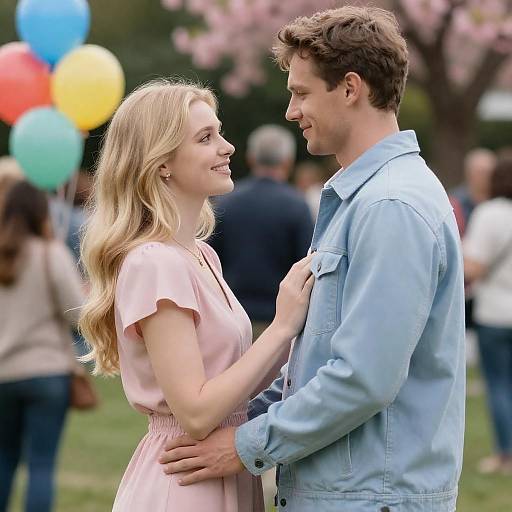 Photograph of a smiling blonde woman in a pink dress and a brown-haired man in a blue shirt, standing close, holding hands, with colorful balloons