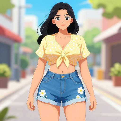 Anime-style drawing of a curvy woman with long black hair, wearing a yellow tied crop top and blue denim shorts with white daisy patches, standing
