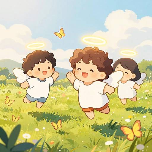 Charming digital illustration of three curly-haired children in white shirts and shorts, joyfully running in a sunny, grassy meadow with butterflies. Bright
