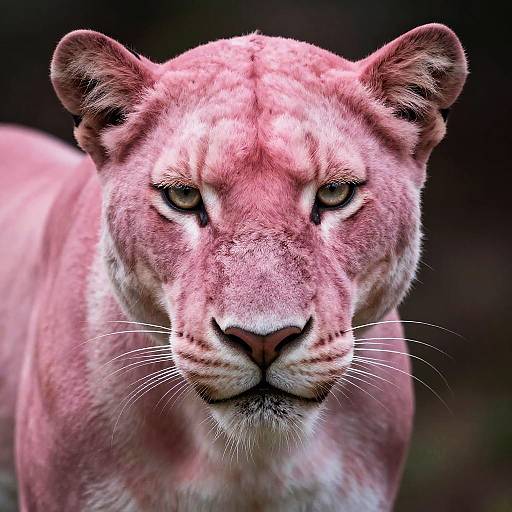 Close-up photograph of a pink-furred cougar with intense, piercing eyes, detailed whiskers, and a focused gaze against a dark background.