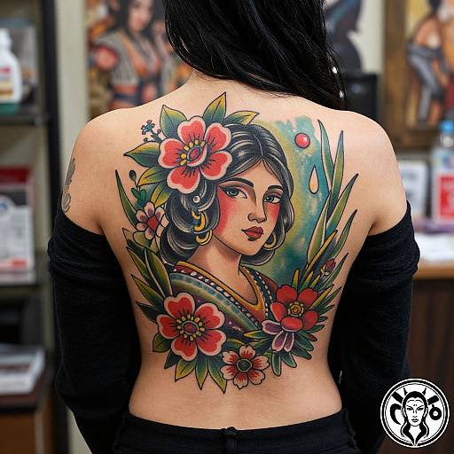 Photograph of a tattooed woman with black hair, showcasing a colorful, traditional-style back tattoo of a flower-crowned woman with red flowers and green