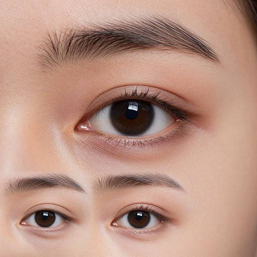 Close-up photograph of a young person's face focusing on three eyes: one large brown eye in the center, and two smaller brown eyes below, with