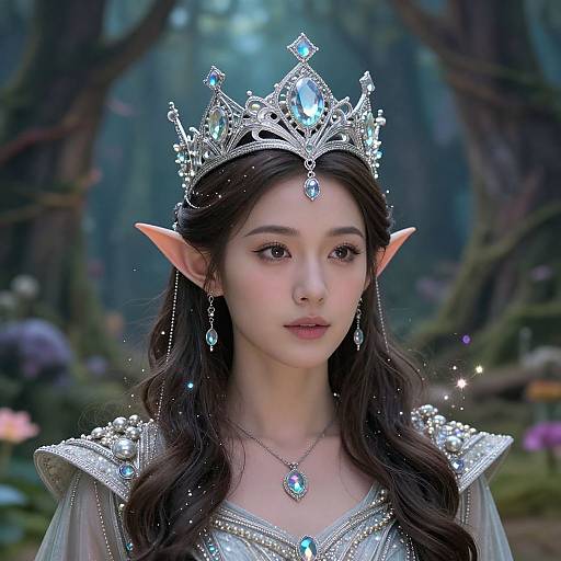 Digital fantasy portrait of an elven princess with long dark hair, silver tiara, and necklace, wearing a jeweled gown, in a mystical forest