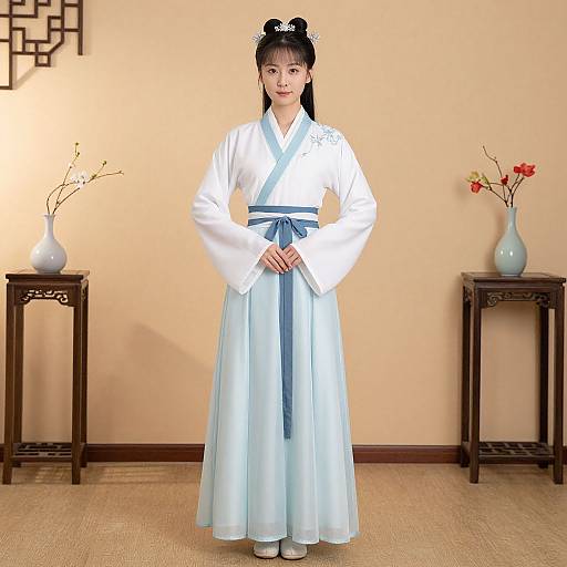 Photograph of an East Asian woman in traditional white and light blue hanbok, standing in a minimalist room with beige walls, wooden tables, and
