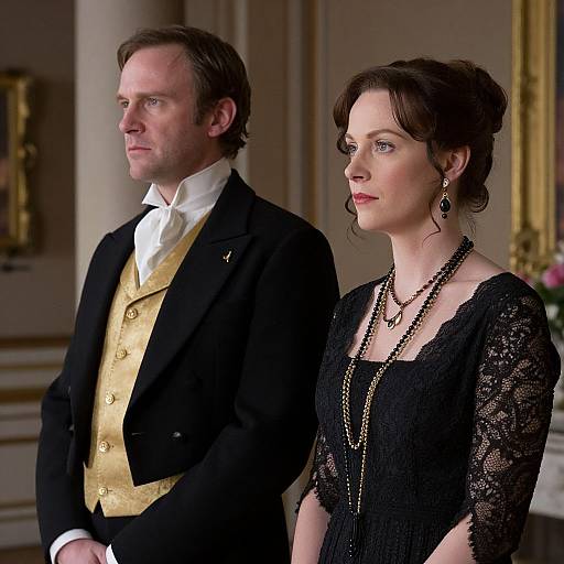 Photograph of a serious white man in a black jacket and yellow waistcoat, and a white woman in a black lace dress, standing side-by-side
