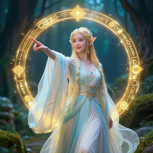 Digital fantasy artwork of a blonde elf woman with pointed ears, wearing a white, glowing dress, pointing at a magical golden circle in a forest.