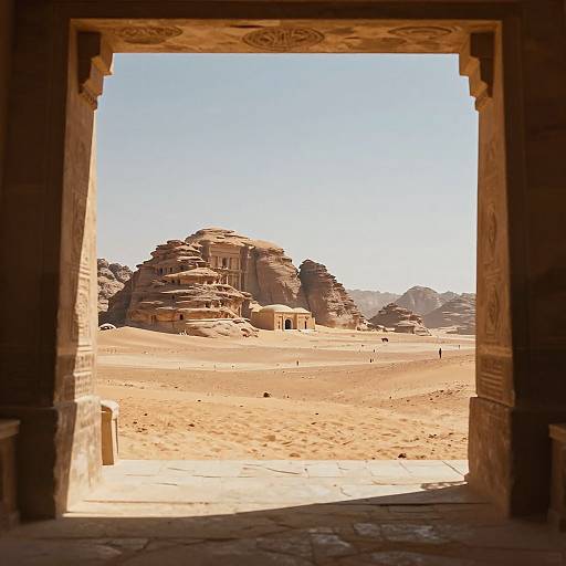 Photograph of a sunlit desert landscape viewed through a carved stone archway, showcasing rugged rock formations and sandy terrain under a clear blue sky.