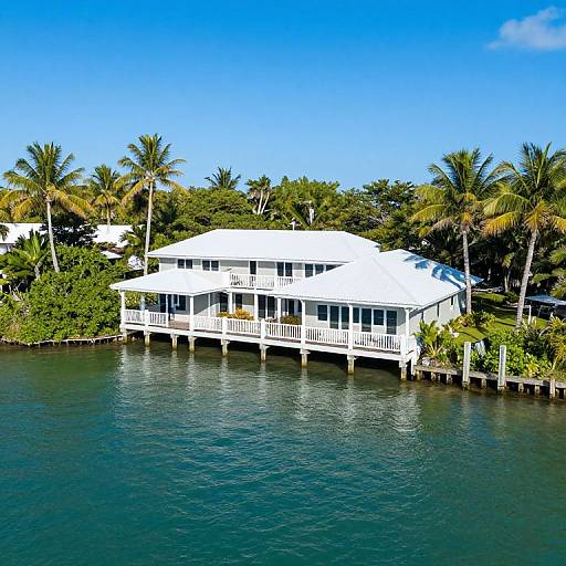 Photograph of a white, two-story waterfront house with a large porch, surrounded by lush green trees and palm trees, reflecting on calm blue water under