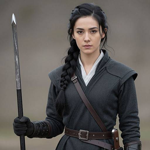 Photograph of a serious-looking woman with long black braided hair, wearing a dark medieval-style tunic and black gloves, holding a sword in her
