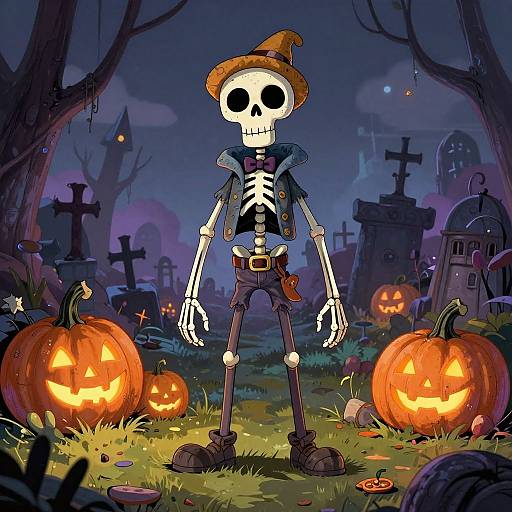 Quirky Skeleton in Surreal Graveyard