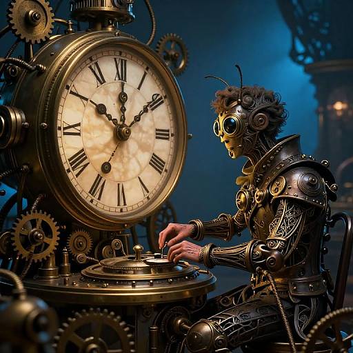 Steampunk robot with brass gears and goggles adjusts clock hands in a dim, blue-lit workshop, surrounded by intricate mechanical parts.