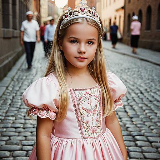Young Girl in Pink Princess Dress on Cobblestone Street