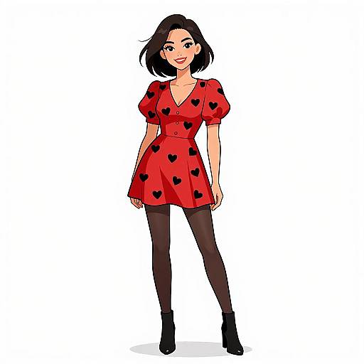 Digital illustration of a smiling woman with short black hair, wearing a red dress with black heart patterns, black tights, and black ankle boots, standing