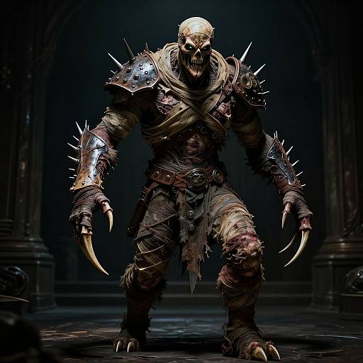 CGI fantasy image of a skeletal warrior with razor-sharp claws, spiked armor, and tattered bandages, standing menacingly in a dark,