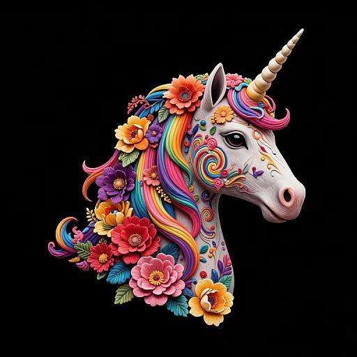 Vibrant digital illustration of a unicorn's head adorned with colorful, intricate floral patterns and multicolored flowers against a black background.