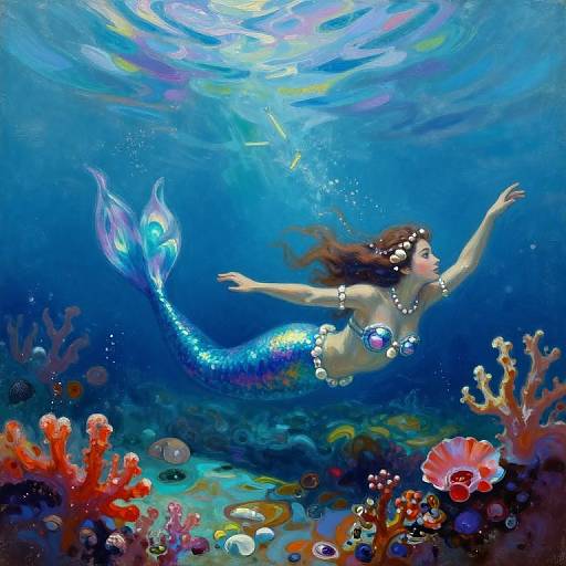 Digital painting of a mermaid with a blue, iridescent tail, floating amidst vibrant underwater coral, fish, and sunlight filtering through the water.